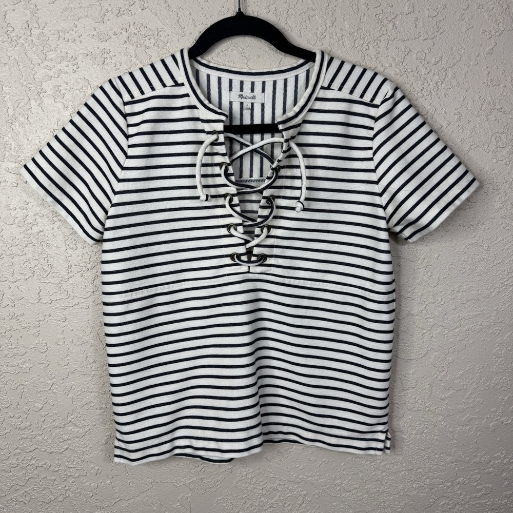 Madewell Womens Nautical Tee Size Small Striped Lace Up Fisherman Coastal Preppy